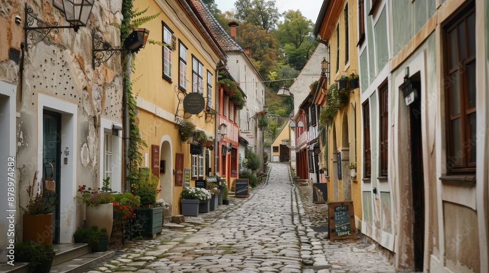 Fototapeta A narrow cobblestone street in a historic European town, flanked by charming old buildings and quaint shops.
