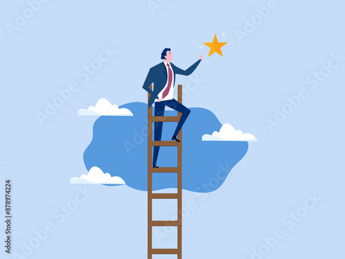 Success ladder to reach goal, achievement or opportunity, climb up ladder to get new hope, accomplishment or career development concept, businessman climb up ladder of success to reach star target.
