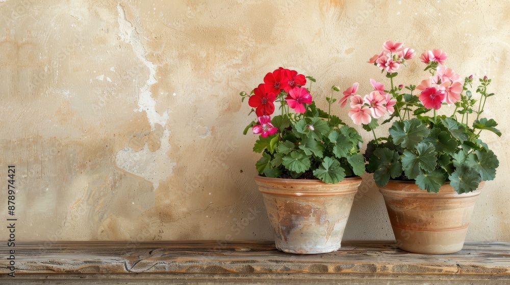 Geranium pots on gardener s table against beige wall in vintage style Geranium pots on gardener s table against beige wall in vintage style