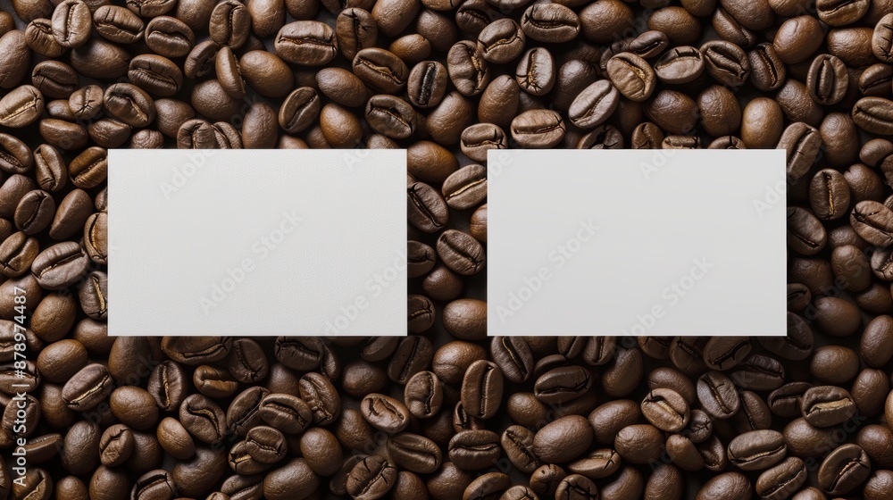 Coffee Beans Background with Blank Cards Two blank white cards placed on a background of roasted coffee beans, ideal for text or branding purposes Coffee Beans Background with Blank Cards Two blank white cards placed on a background of roasted coffee beans, ideal for text or branding purposes