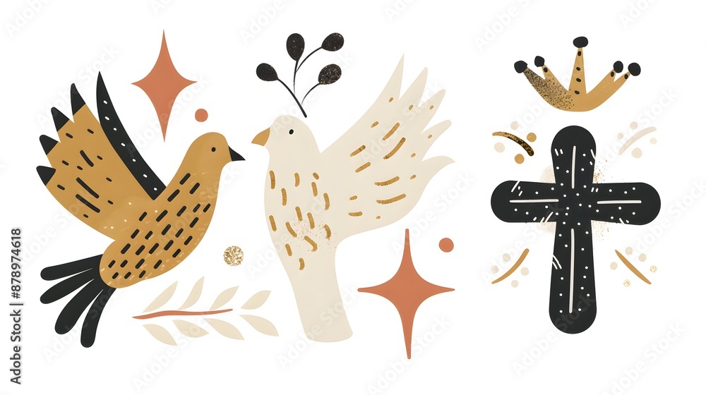 Fototapeta premium Artistic illustration of two birds, a crown, and a cross symbolizing peace and spirituality.
