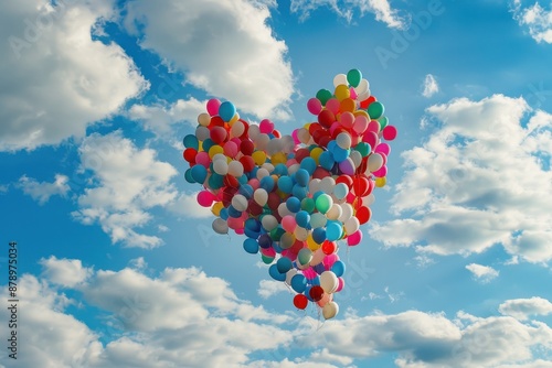 Heart Shaped Balloons Floating in Colorful Sky - Valentine's Day Celebration Concept