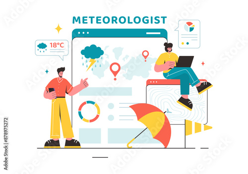 Meteorologist Vector Illustration with Weather Forecast and Atmospheric Precipitation Map in a Flat Style Cartoon Background Design