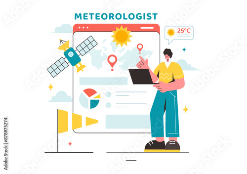 Meteorologist Vector Illustration with Weather Forecast and Atmospheric Precipitation Map in a Flat Style Cartoon Background Design