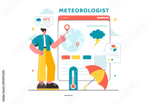 Meteorologist Vector Illustration with Weather Forecast and Atmospheric Precipitation Map in a Flat Style Cartoon Background Design