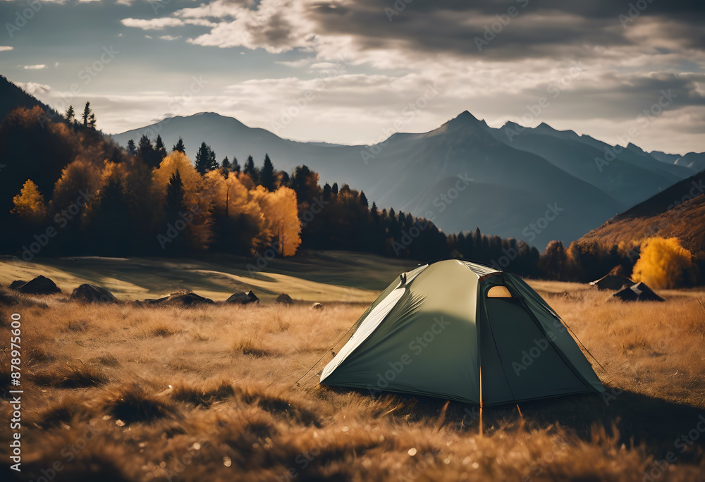 A tent set up in a scenic autumn forest with colorful foliage and mountains in the background. A tent set up in a scenic autumn forest with colorful foliage and mountains in the background.