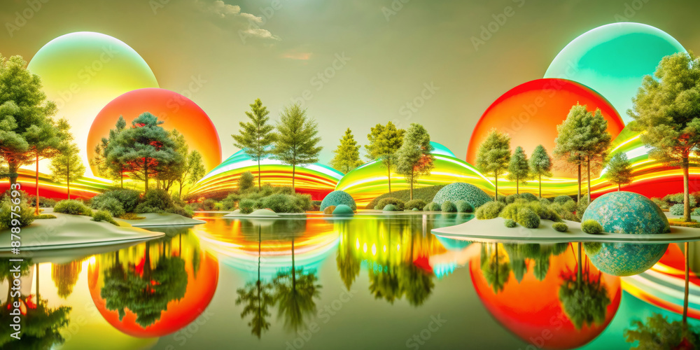 Naklejka premium A colorful landscape with trees and a pond