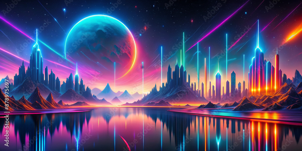 Fototapeta premium A colorful, fantastical landscape with a large blue planet in the background