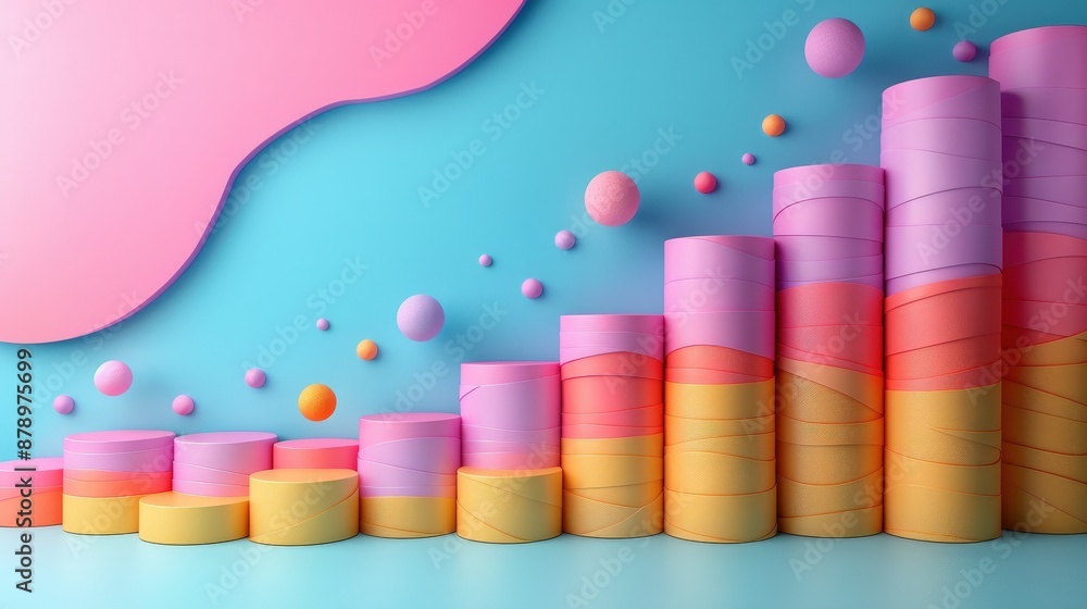 Colorful 3D graph of rising cylindrical shapes with playful spheres on blue and pink background, representing business growth and success. Colorful 3D graph of rising cylindrical shapes with playful spheres on blue and pink background, representing business growth and success.