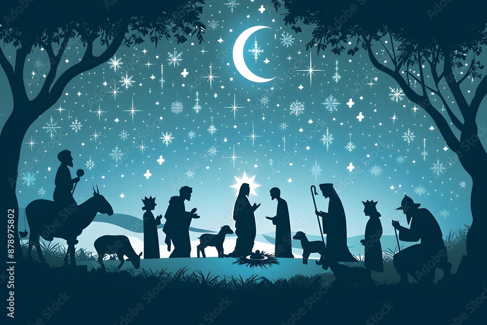 Silhouetted nativity scene under starry night with Mary, Joseph, baby Jesus, shepherds, and wise men Silhouetted nativity scene under starry night with Mary, Joseph, baby Jesus, shepherds, and wise men