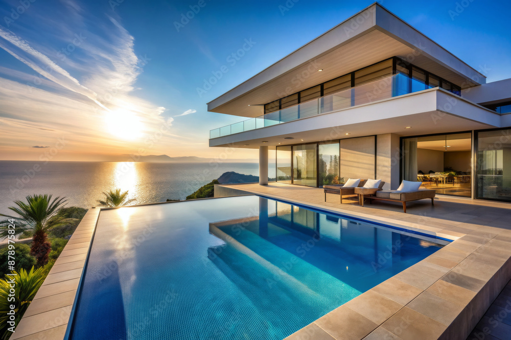 Fototapeta premium A large house with a pool and a view of the ocean