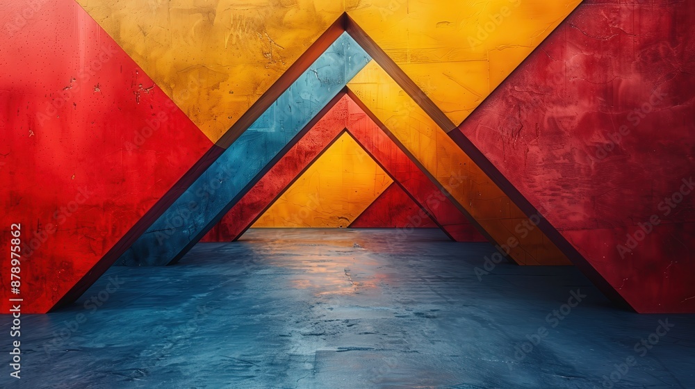 Abstract geometric background with vibrant red, yellow, and blue colors, creating a striking visual effect in contemporary art style. Abstract geometric background with vibrant red, yellow, and blue colors, creating a striking visual effect in contemporary art style.