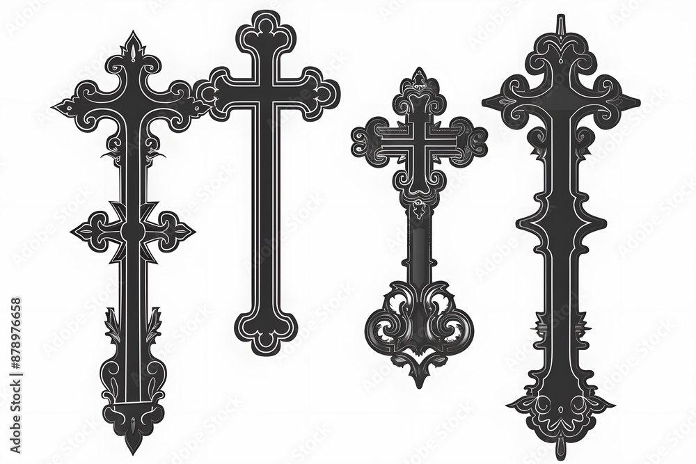 Intricate Black and White Decorative Crosses on a White Background Intricate Black and White Decorative Crosses on a White Background