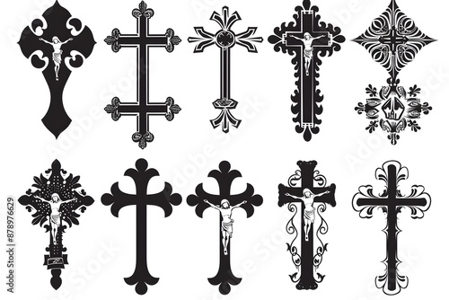 Black and White Cross Designs with Religious Motifs and Artistic Patterns