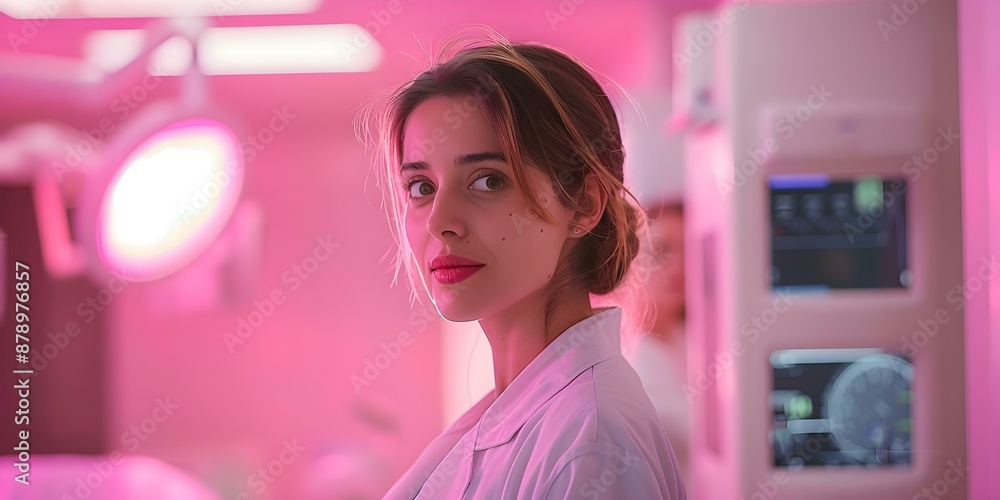 Female healthcare worker conducting mammogram in pinklit medical facility. Concept Health, Medicine, Women's Health, Mammogram, Healthcare Worker Female healthcare worker conducting mammogram in pinklit medical facility. Concept Health, Medicine, Women's Health, Mammogram, Healthcare Worker