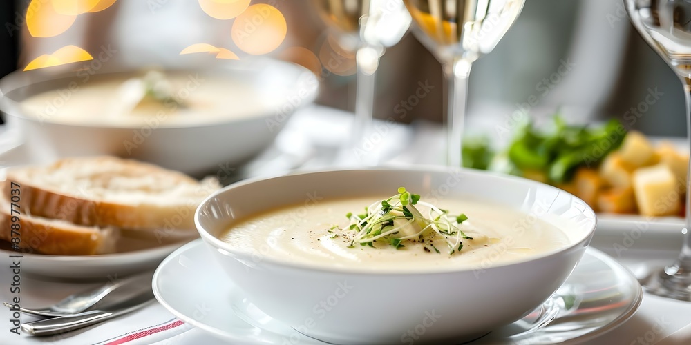 Elegant table setting with potato soup wine bread in a rustic restaurant. Concept Restaurant Decor, Fine Dining, Gourmet Cuisine, Rustic Ambiance, Table Setting Elegant table setting with potato soup wine bread in a rustic restaurant. Concept Restaurant Decor, Fine Dining, Gourmet Cuisine, Rustic Ambiance, Table Setting