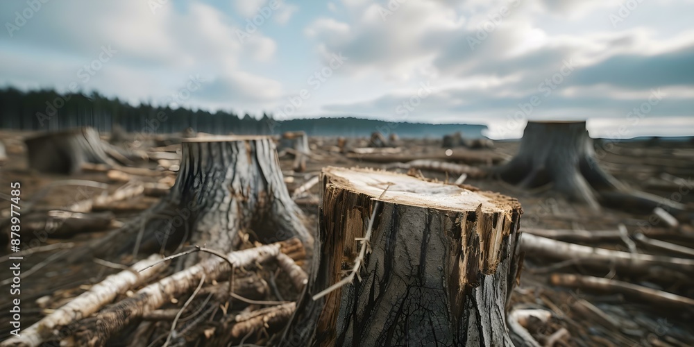 Image of deforestation aftermath with tree stumps and debris under cloudy sky. Concept Deforestation, Environmental Destruction, Tree Stumps, Cloudy Sky, Environmental Impact Image of deforestation aftermath with tree stumps and debris under cloudy sky. Concept Deforestation, Environmental Destruction, Tree Stumps, Cloudy Sky, Environmental Impact