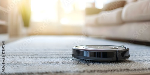 Closeup of a robot vacuum cleaner on a modern living room floor. Concept Home Cleaning, Robot Technology, Modern Living, Smart Appliances, Interior Design photo