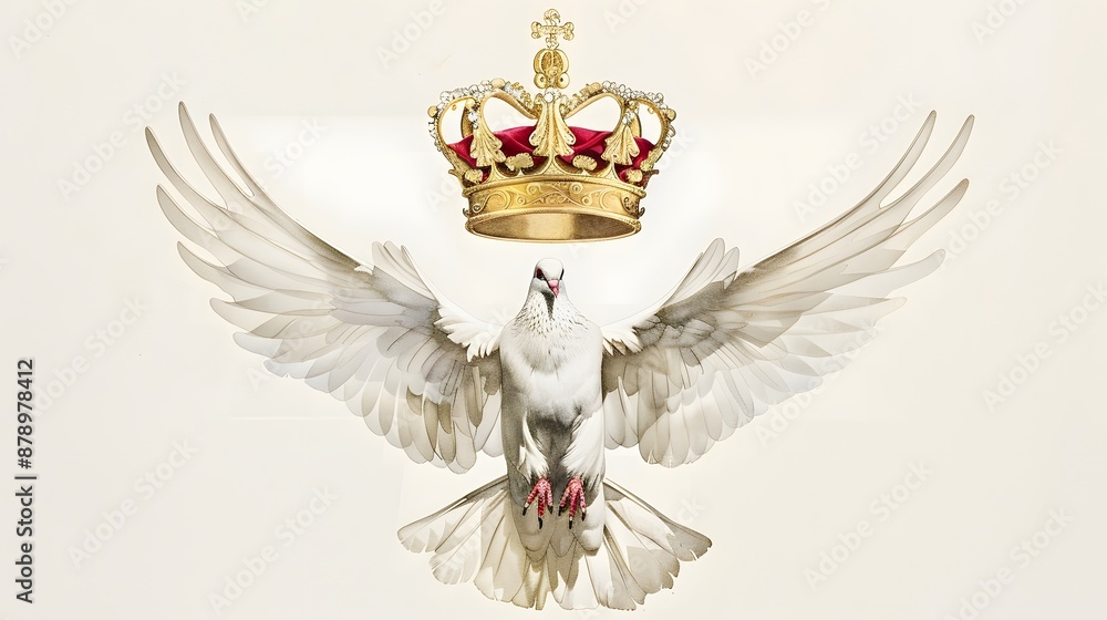 Naklejka premium Elegant white dove in flight beneath a golden crown, symbolizing peace and royalty.