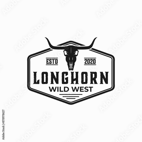 longhorn bull texas skull logo with western wild retro illustration style.