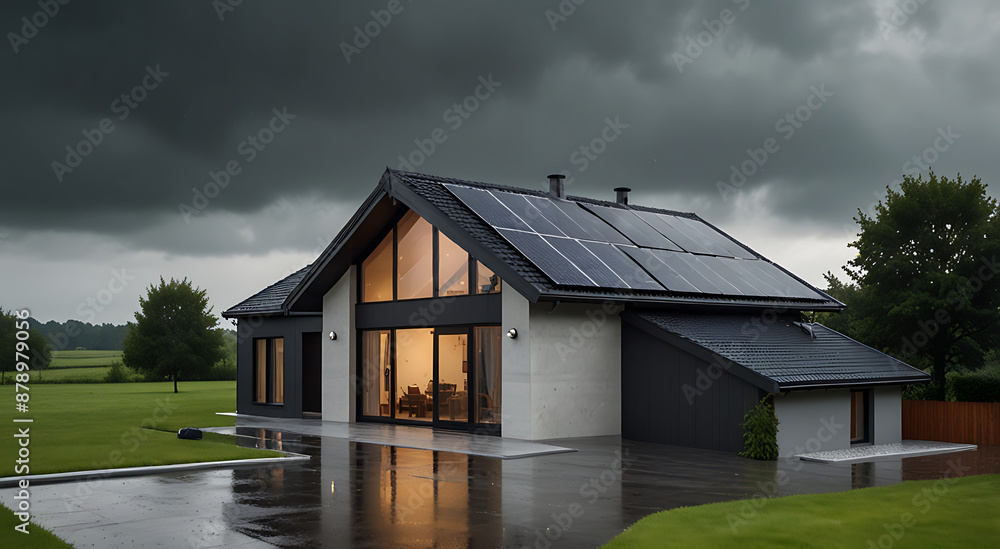 A Modern family house with solar panels on roof in a rainy day with copy space and bad weather
A Modern family house with solar panels on roof in a rainy day with copy space and bad weather