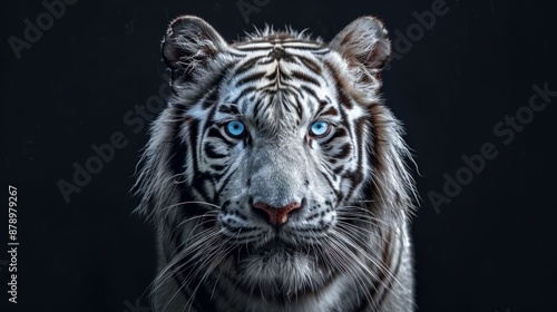 Exotic white tiger with blue eyes in enigmatic darkness, wildlife photography capture of majestic animal beauty © SHOTPRIME STUDIO