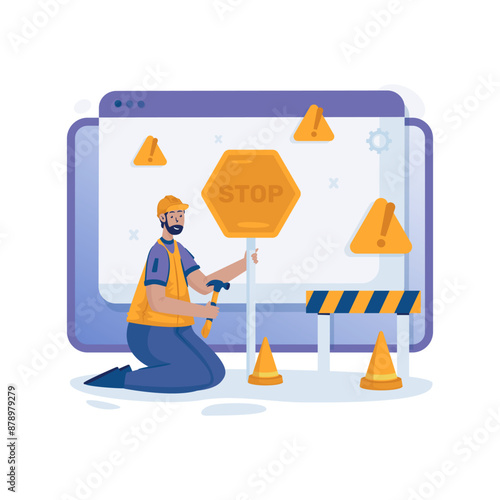 Error page under maintenance with a man holding a stop sign vector illustration