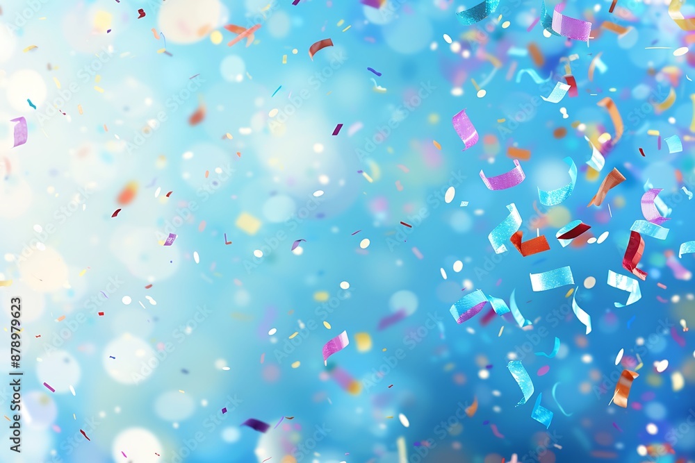 Confetti falling against a blurred blue backdrop, festive and party vibe with copy space for text. Confetti falling against a blurred blue backdrop, festive and party vibe with copy space for text.
