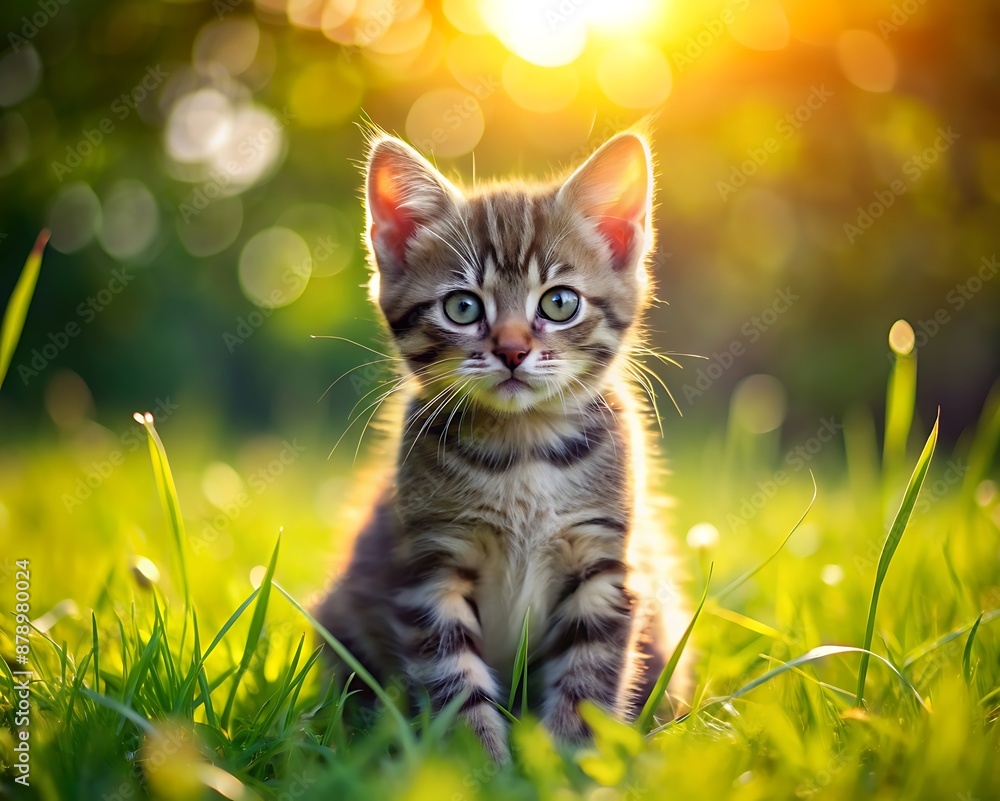 Cute Kitten in the Grass at Sunset. Cute Kitten in the Grass at Sunset.