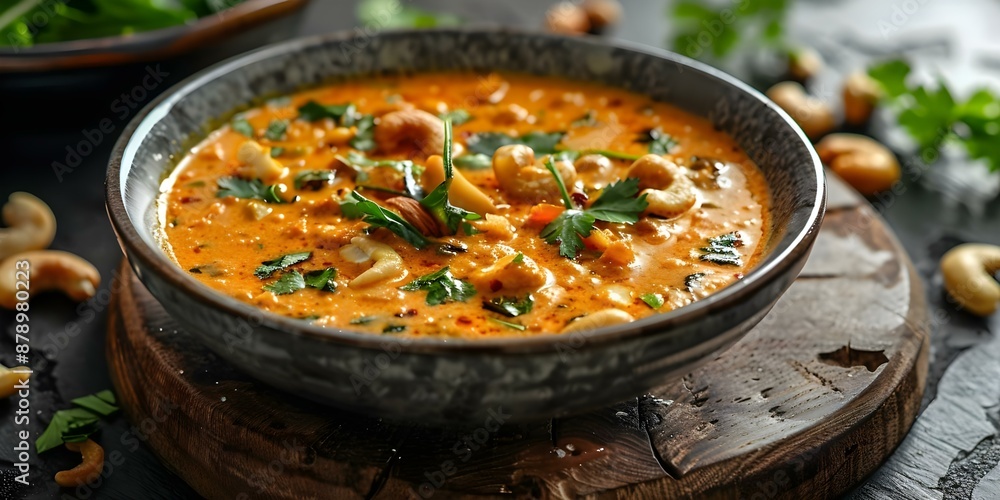 Creamy cashew curry in bowl on wooden board with cashews. Concept Food Photography, Vegan Cuisine, Nutritious Meal, Wooden Props, Creamy Curry Creamy cashew curry in bowl on wooden board with cashews. Concept Food Photography, Vegan Cuisine, Nutritious Meal, Wooden Props, Creamy Curry