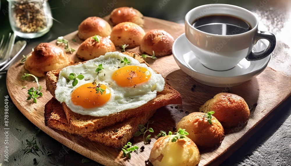 Golden-yolked eggs, freshly brewed coffee, and crusty bread create a hearty morning meal to fuel your day ahead. Golden-yolked eggs, freshly brewed coffee, and crusty bread create a hearty morning meal to fuel your day ahead.