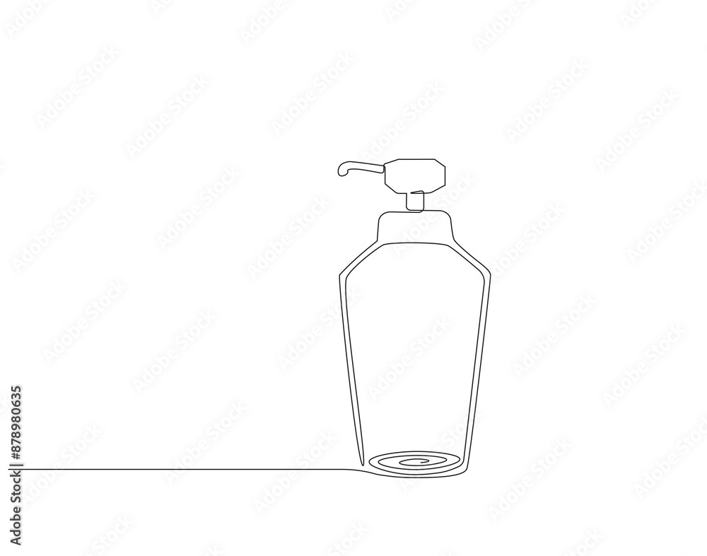 Continuous one line drawing of cosmetic bottle with pump. One line drawing illustration of pump bottle. Cosmetic concept one line. Editable outline. Continuous one line drawing of cosmetic bottle with pump. One line drawing illustration of pump bottle. Cosmetic concept one line. Editable outline.