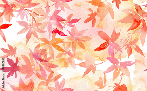 Seamless pattern of abstract watercolor-painted autumn leaves, watercolor autumn leaves wallpaper, hand-drawn autumn leaves textile