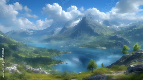 Serene Mountain Lake Landscape.