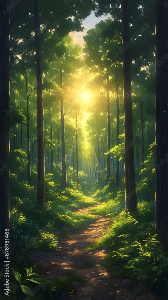 Obraz premium Sunlight Streaming Through Forest Trees.
