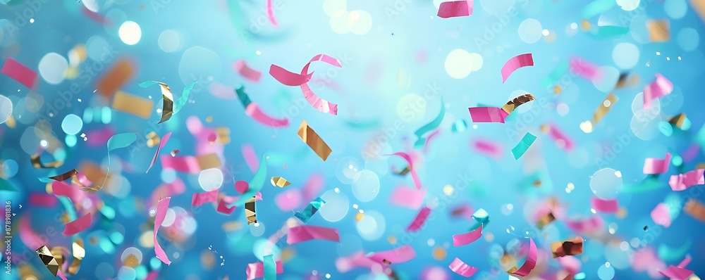 Festive confetti cascading on a blurred blue background, ideal for party concepts with plenty of copy space for text. Festive confetti cascading on a blurred blue background, ideal for party concepts with plenty of copy space for text.