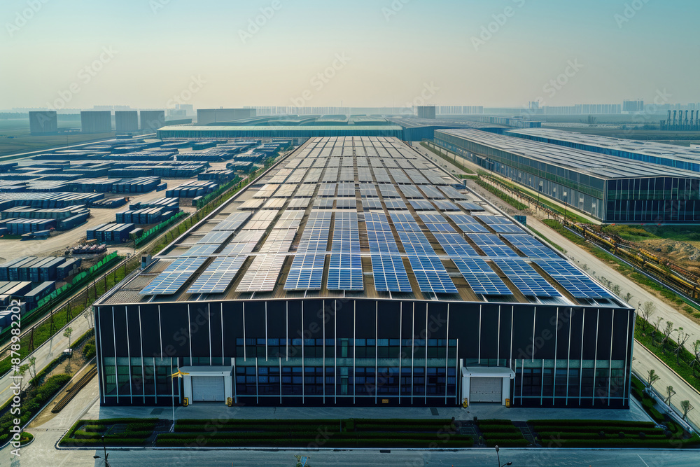 Obraz premium The roofs of factories on the outskirts of the city are equipped with solar power generation equipment