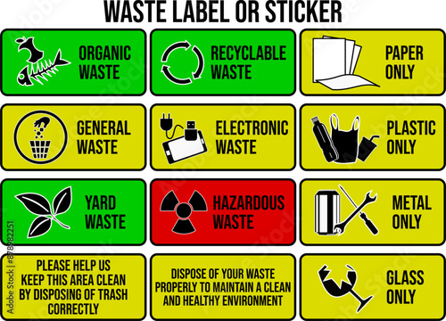 Waste labels or stickers set based on the type of waste