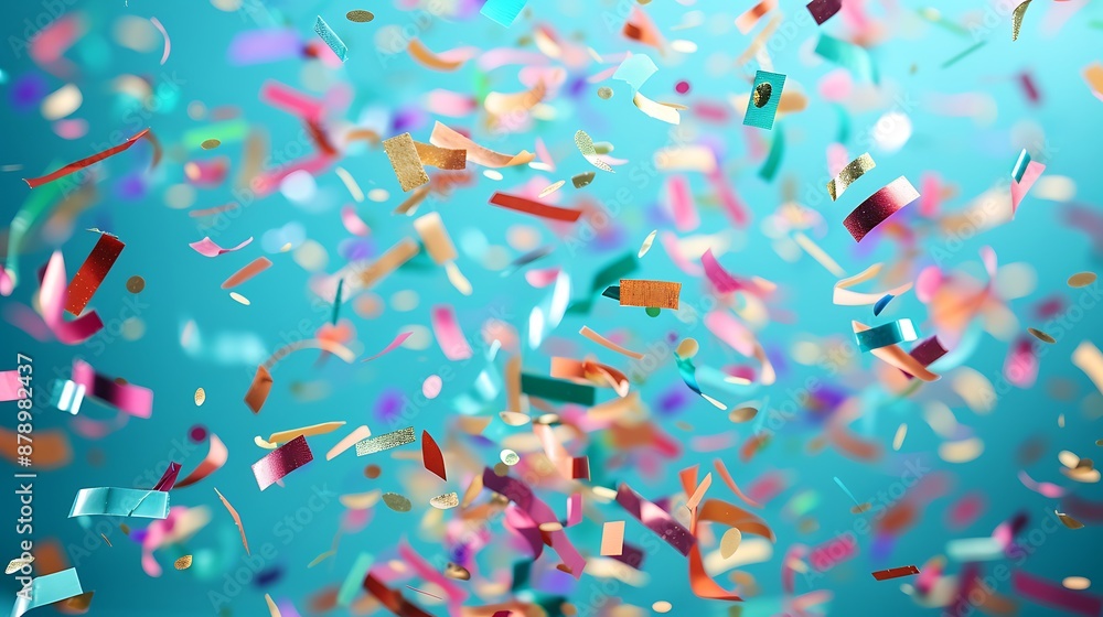 Festive confetti falling on a blurred blue background, perfect for party concepts with copy space for text. Festive confetti falling on a blurred blue background, perfect for party concepts with copy space for text.