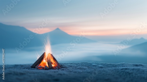 Serene mountain campsite with a glowing campfire and misty morning sunrise, perfect for nature enthusiasts and outdoor adventure imagery.