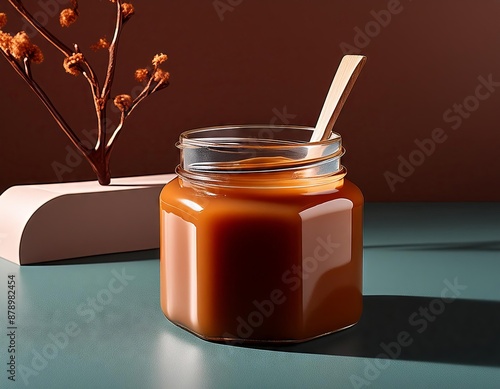 Caramel sauce in a glass jar on a wooden board with autumn leaves photo