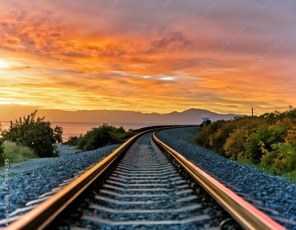 Obraz premium Railway tracks at sunset with beautiful clouds and mountains in the background