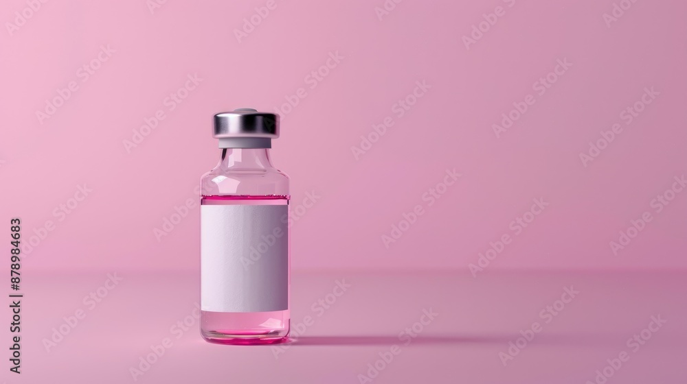 Generic pink vaccine or injection in vial with blank label on pink background Generic pink vaccine or injection in vial with blank label on pink background