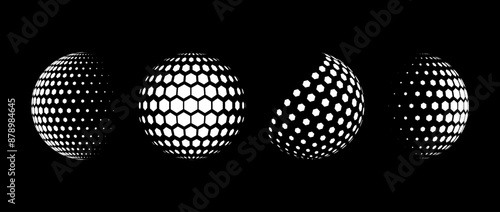 White halftone pattern sphere collection. Hexagon wireframe 3d circle set. Grid globe element bundle. Round dotted shape pack for tech poster, banner, cover, emblem, leaflet. Vector illustration