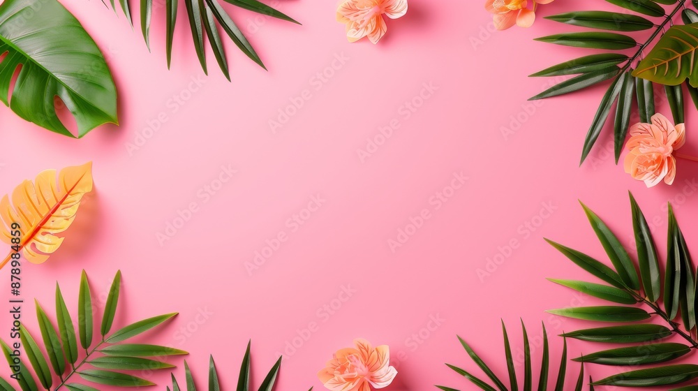 Tropical leaves and pink flowers frame a vibrant pink background, perfect for summer, nature, and floral-themed designs. Tropical leaves and pink flowers frame a vibrant pink background, perfect for summer, nature, and floral-themed designs.