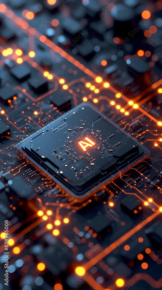 AI Processor Circuit Board with Glowing Lights. AI Processor Circuit Board with Glowing Lights.