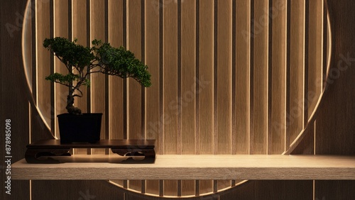 Close up of luxury oriental dark brown wood panelling wall with display shelf, bonsai tree in sunlight for elegant living room interior design decoration, product background 3D