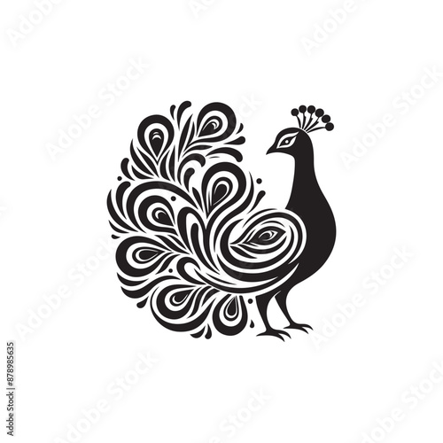 Black and white silhouette peacock vector illustration. Silhouette illustration of a peacock. vector logo, watermark, tattoo.