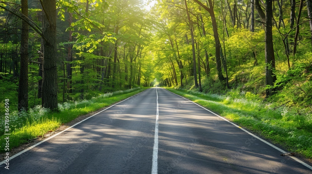 A road through a vibrant forest in spring, with fresh green leaves and blooming flowers, symbolizing new beginnings. A road through a vibrant forest in spring, with fresh green leaves and blooming flowers, symbolizing new beginnings.