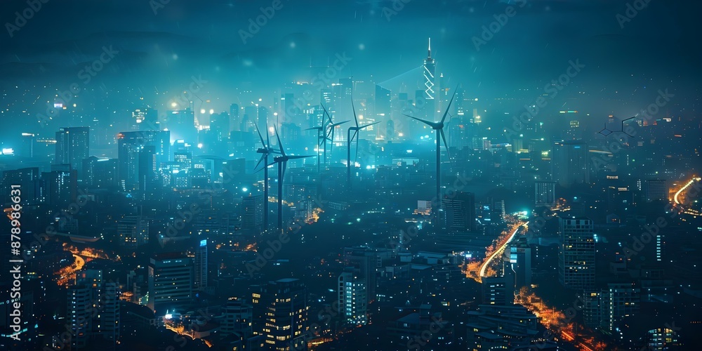 Obraz premium Nighttime city skyline with wind turbines and digital network symbolizing smart connectivity. Concept Nighttime Photography, City Skyline, Wind Turbines, Digital Network, Smart Connectivity